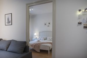 The master bedroom looking through the doorway from the living room, in Apartment Zlata, an apartment in Zagreb for tourists