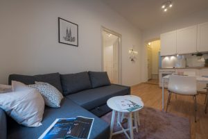 The living room and kitchen in Apartment Zlata, an apartment in Zagreb for tourists