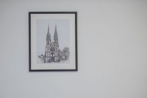 A unique ink drawing of Zagreb Cathedral on the wall of Apartment Zlata, an apartment in Zagreb for tourists